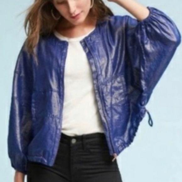 Anthropologie Elevenses Raquel Blue Bubble Jacket Batwing Linen Blend Size M/L - Picture 13 of 13